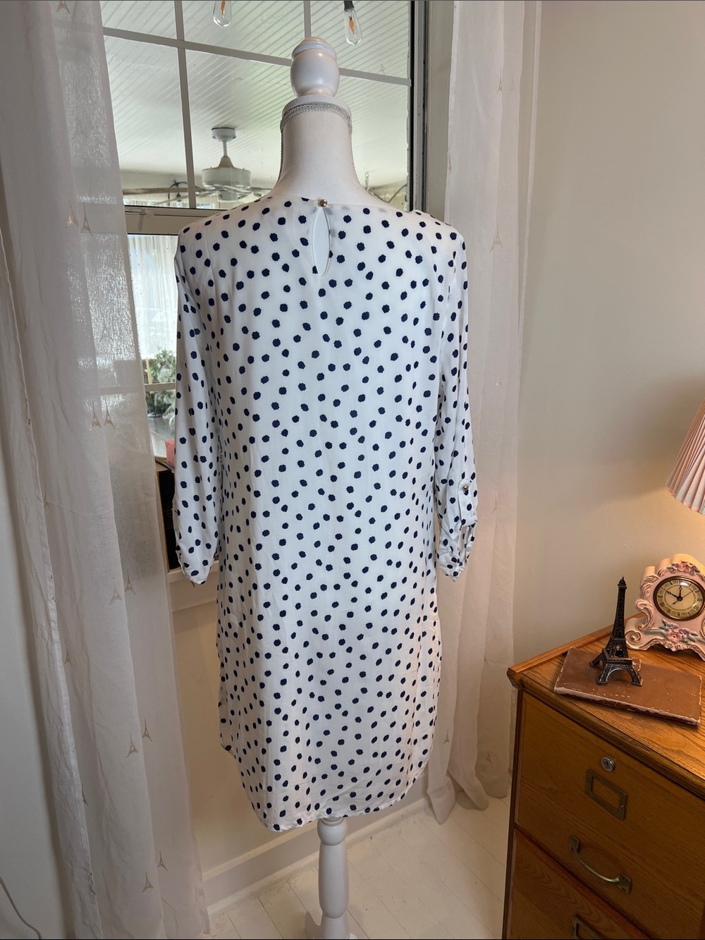 C White Long-Sleeve Polka Dot Shift Dress with navy blue  Dots size medium. - Picture 5 of 7